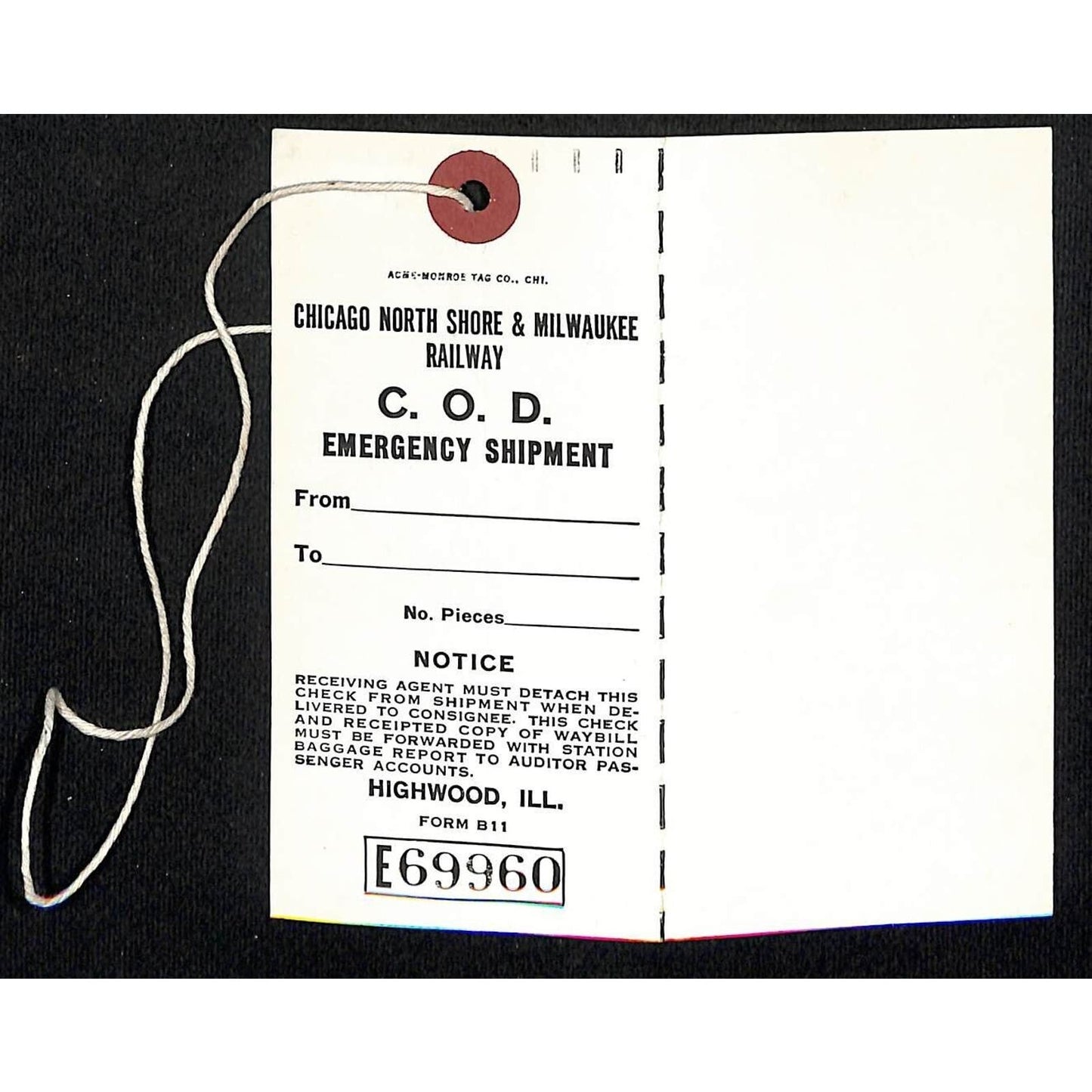 Chicago North Shore & Milwaukee R.R. c1945-55 "COD Emergency Shipment" Tag NOS