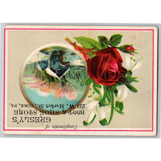Gresly's Boot & Shoe Store W. Market St., York, PA Victorian Trade Card Red Rose