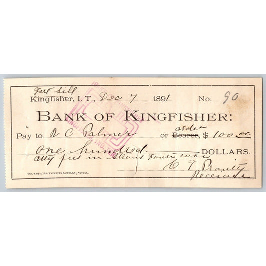 Kingfisher Indian Territory Oklahoma Bank of Kingfisher $100 1891 Check