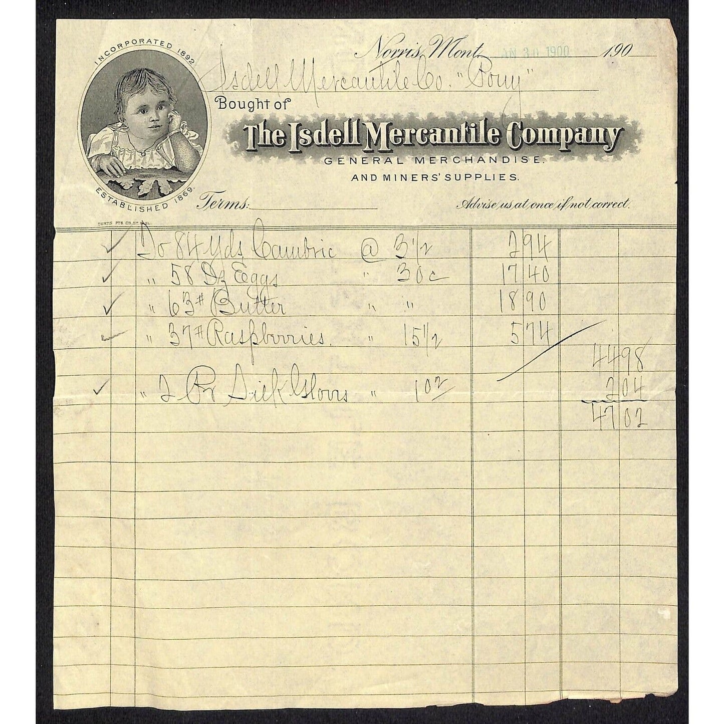 Norris, MT Isdell Mercantile General Mdse. Miners' Supplies 1900 Billhead