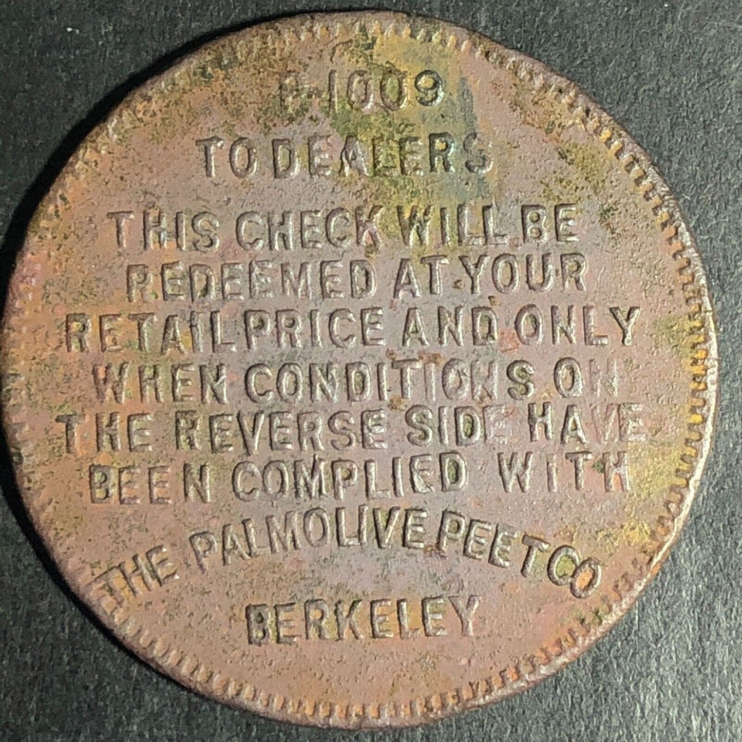 Palmolive Peet Co Brass G/F One Cake Trade Token 35mm c1926-30's