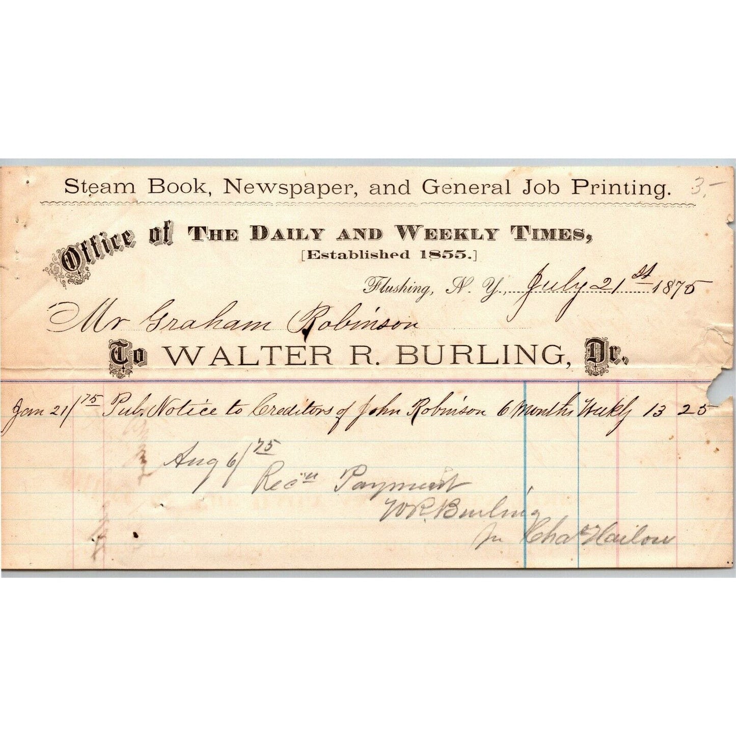 Flushing, NY c1876 Letterhead Walter R. Burling Steam Book Newspaper Printing
