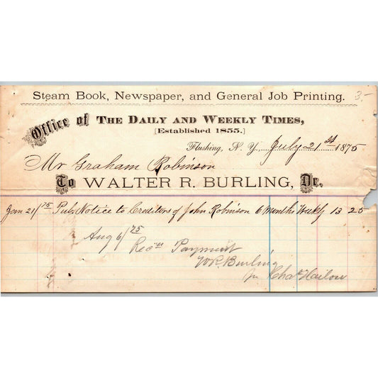 Flushing, NY c1876 Letterhead Walter R. Burling Steam Book Newspaper Printing