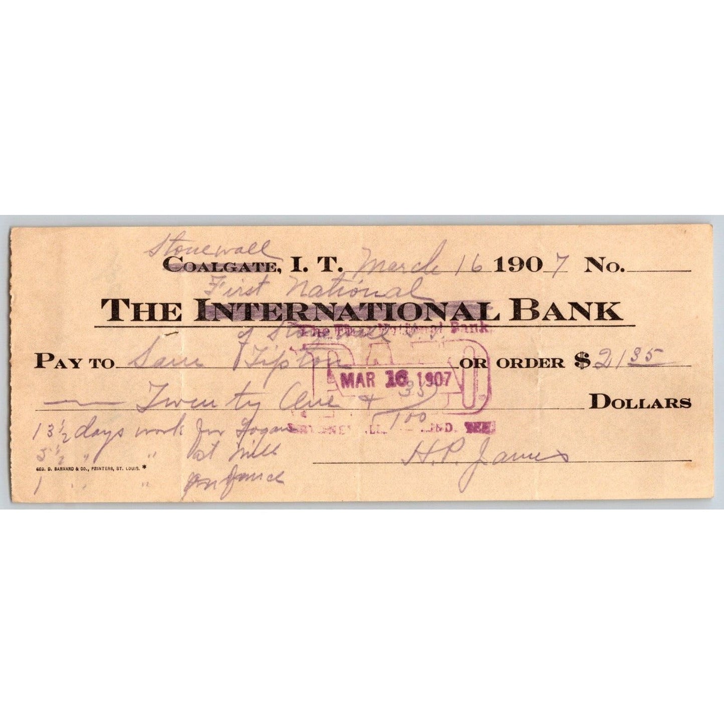 Stonewall / Coalgate, OK 1907 Indian Territory Bank Check - Scarce