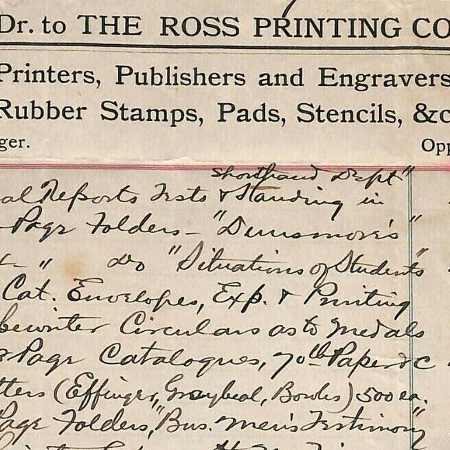 1907 Scarce Ross Printing Co. Letterhead Billhead Staunton, VA w/ Long List