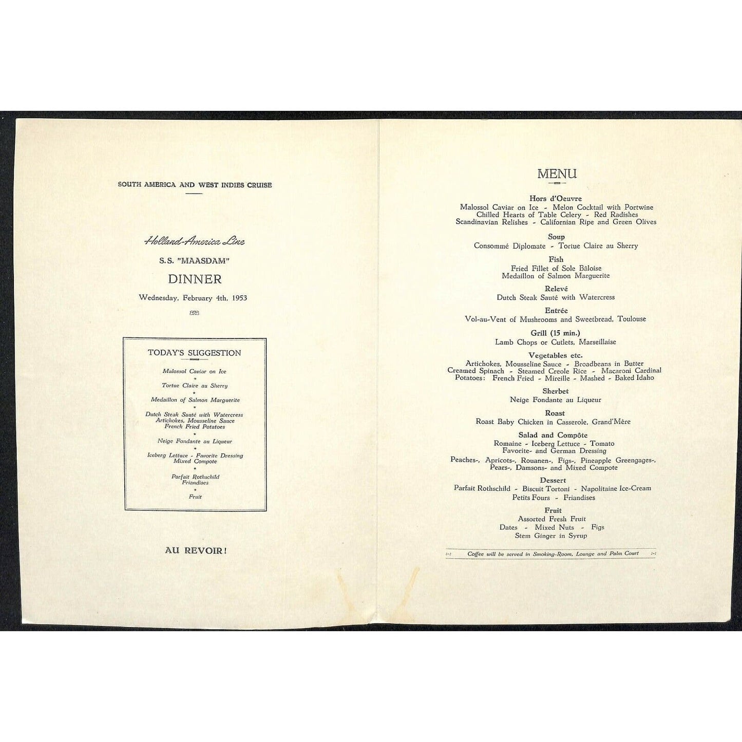 1953 Holland-America Maasdam Cruise Line Farewell Dinner Menu Feb 24 VGC