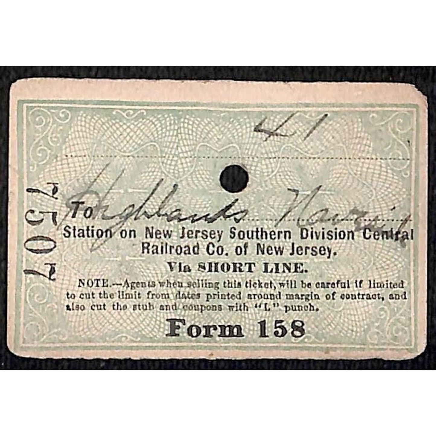 New York & Long Branch Railroad 1896 Ticket N. Asbury Park AC Highlands ? #7507