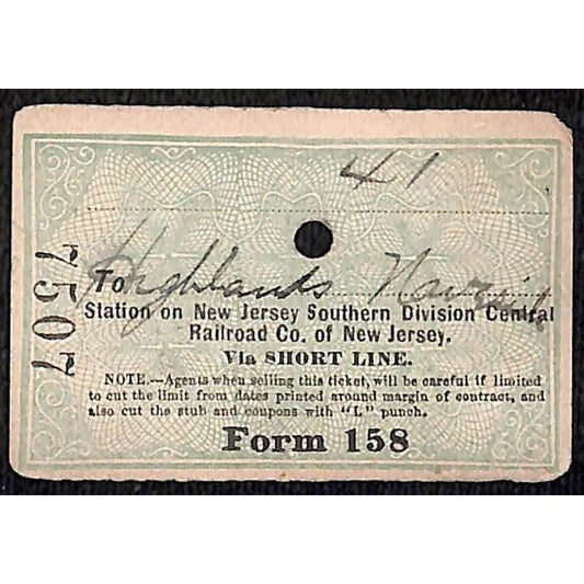New York & Long Branch Railroad 1896 Ticket N. Asbury Park AC Highlands ? #7507