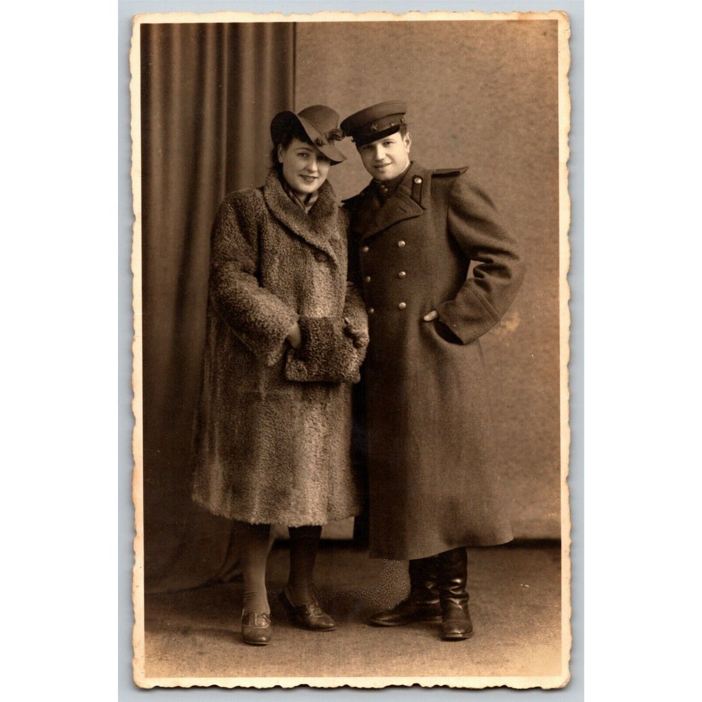 c1916 RPPC* Russian Military Postcard Unmarked Solider / Couple ? Scalloped Edge