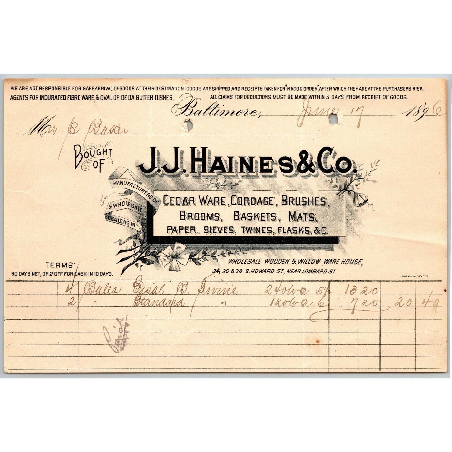 1896 Letterhead Billhead J.J. Haines Twines Flasks Baltimore Ephraim Baker*