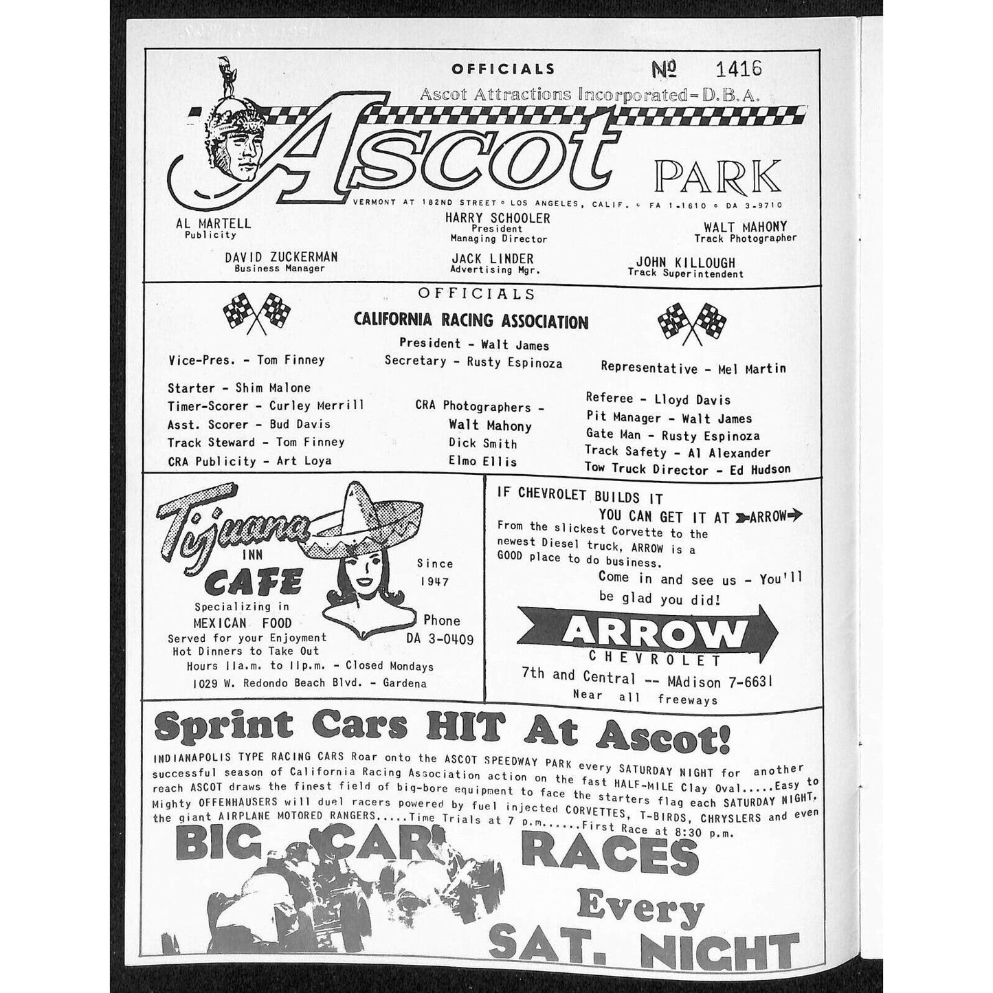 Scarce April 28 1962 CRA Sprint Car Auto Racing Program Ascot Park Gardena 12pp.
