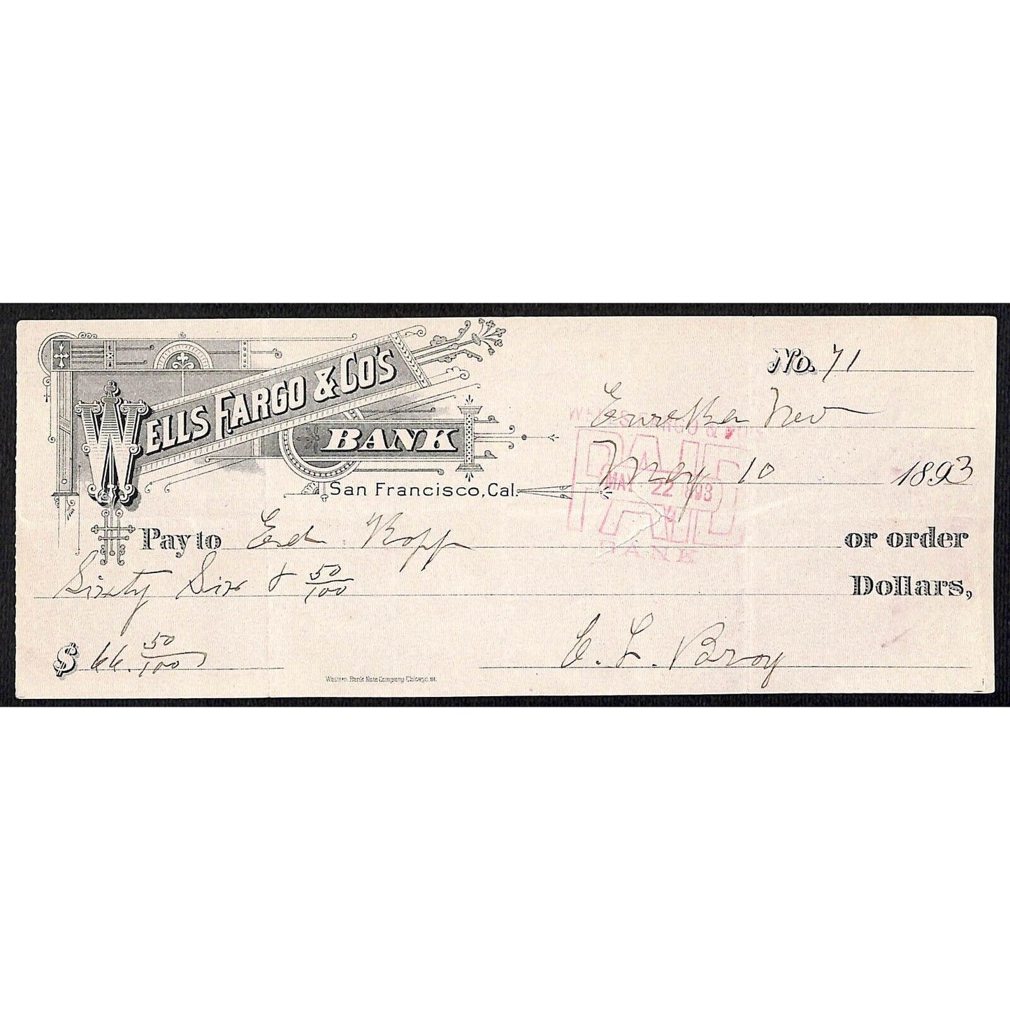 Wells Fargo & Co. Bank 1893 San Francisco Check Ed Koff #71 $66.50