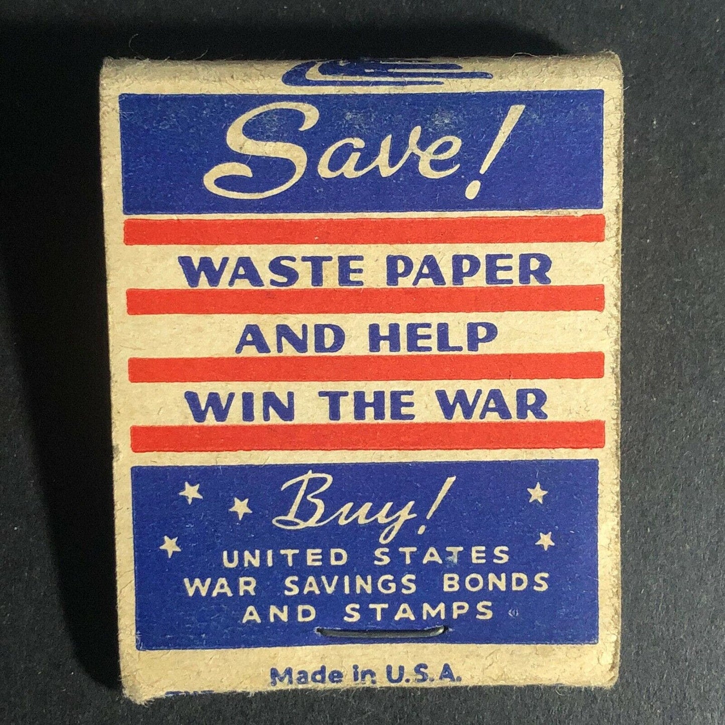 Scarce c1940's WWII Full Matchbook "Get In The Scrap" Save Waste Paper Old Rags