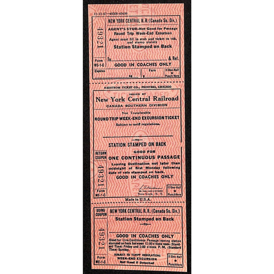 New York Central Railroad RR Canada Unused SAMPLE Excursion Ticket c1967 #49321