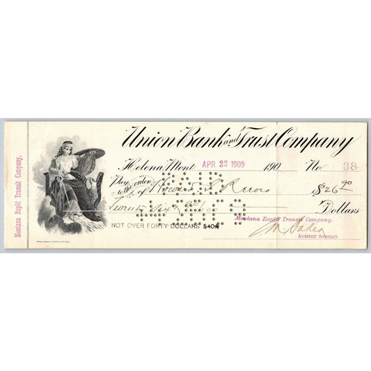 Helena Montana Rapid Transit Co. Union Bank Check 1909 Woman w/ Shield Vignette
