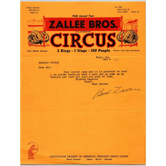 Zallee Bros. All-American Circus Letterhead 1946 2 Rings 1 Stage 100 People