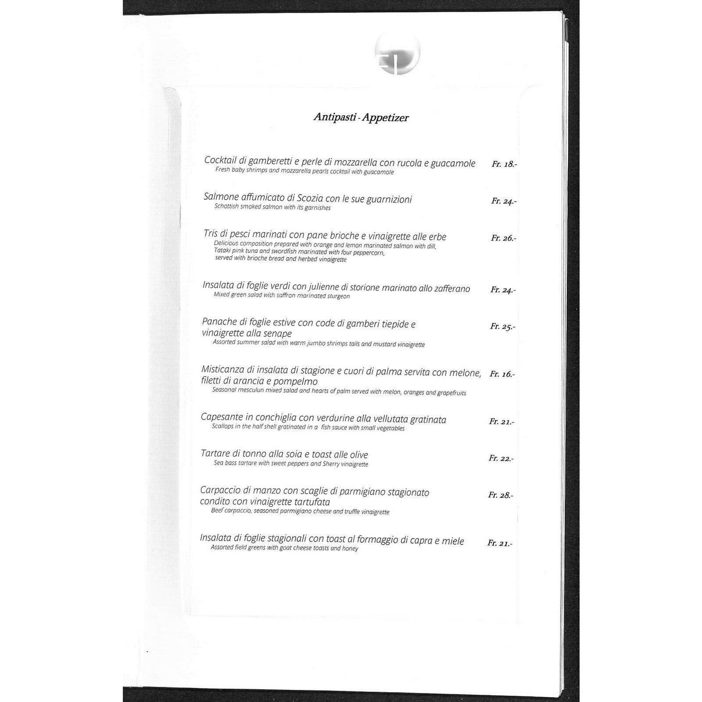Casinò Lugano Large Stiff Panel Dinner Menu Italian Restaurant Switzerland