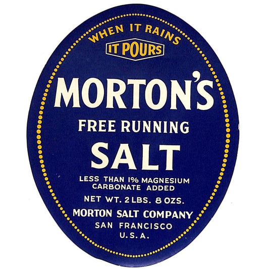 Morton's Free Running Paper Salt Label 2 Lbs. 8 Ozs. San Francisco Scarce c1941