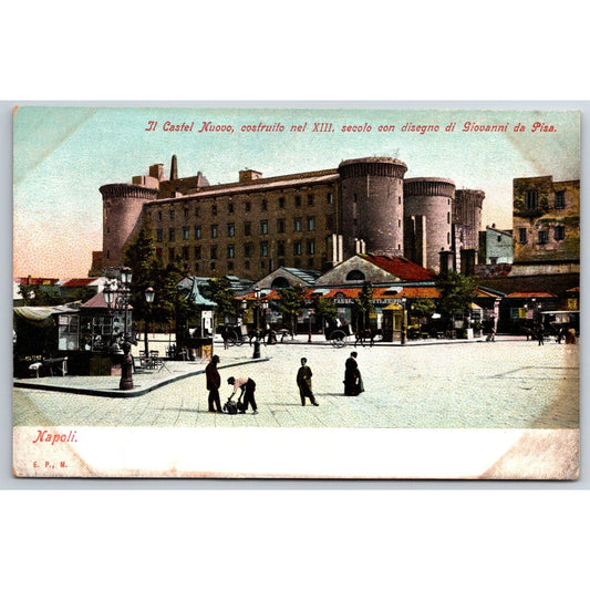 Naples Castel Nuovo w/ Busy Street Scene Postcard c1901-1907 NP