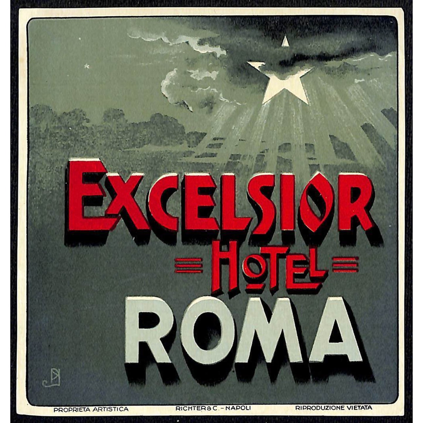 Excelsior Hotel Roma Luggage Label Vintage NOS VGC Star w/ Radiant Lines