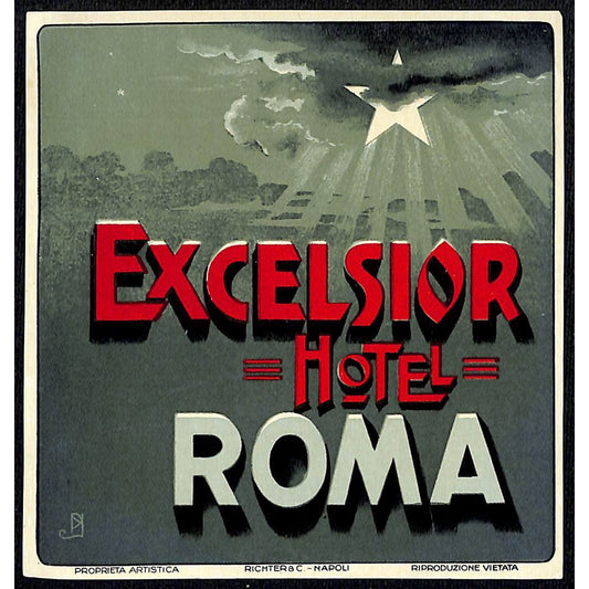 Excelsior Hotel Roma Luggage Label Vintage NOS VGC Star w/ Radiant Lines