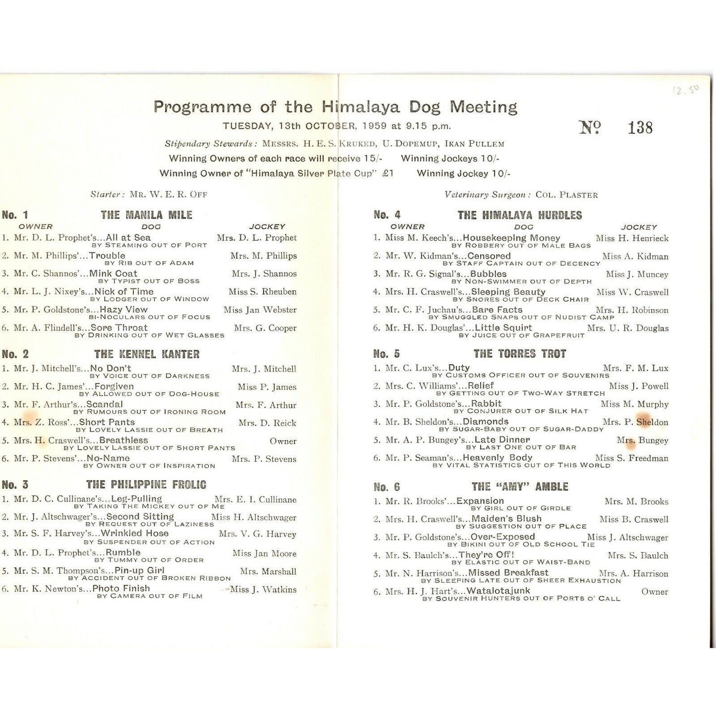 1959 P&O Cruise Ship Joke? Numbered Himalayan Dog Race Card Program