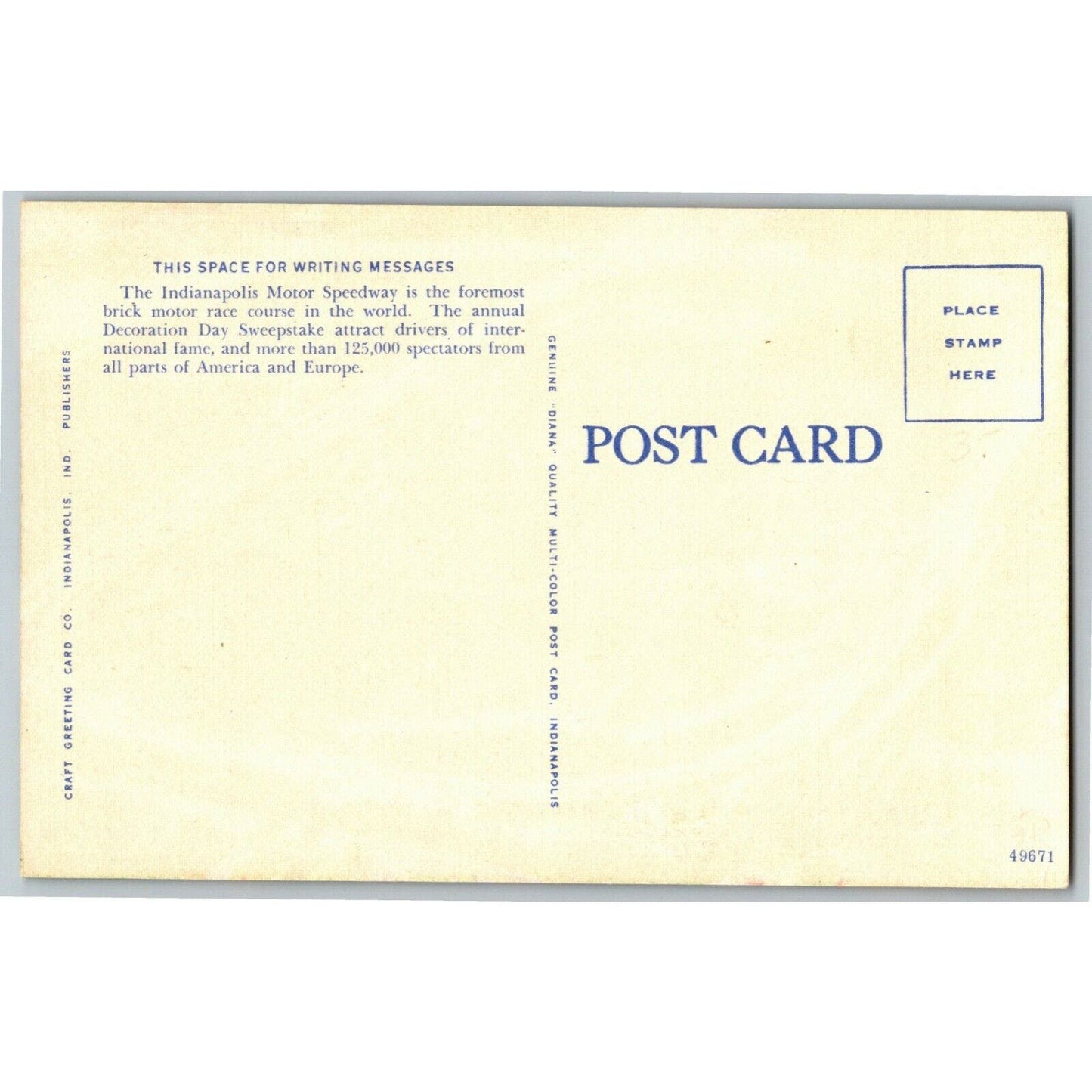 Indy 500 Linen Postcard 1947 "Bird's Eye View Motor Speedway" VGC Unposted