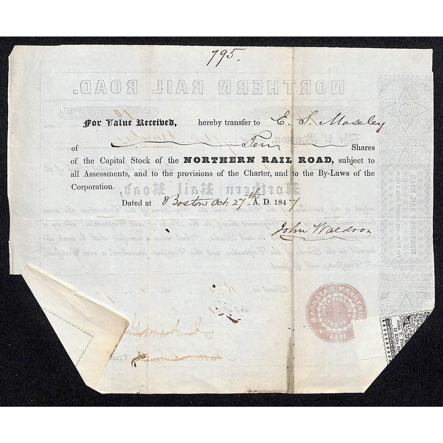 1847 Boston, MA Northern Railroad Stock Certificate No. 795 for 10 Shares