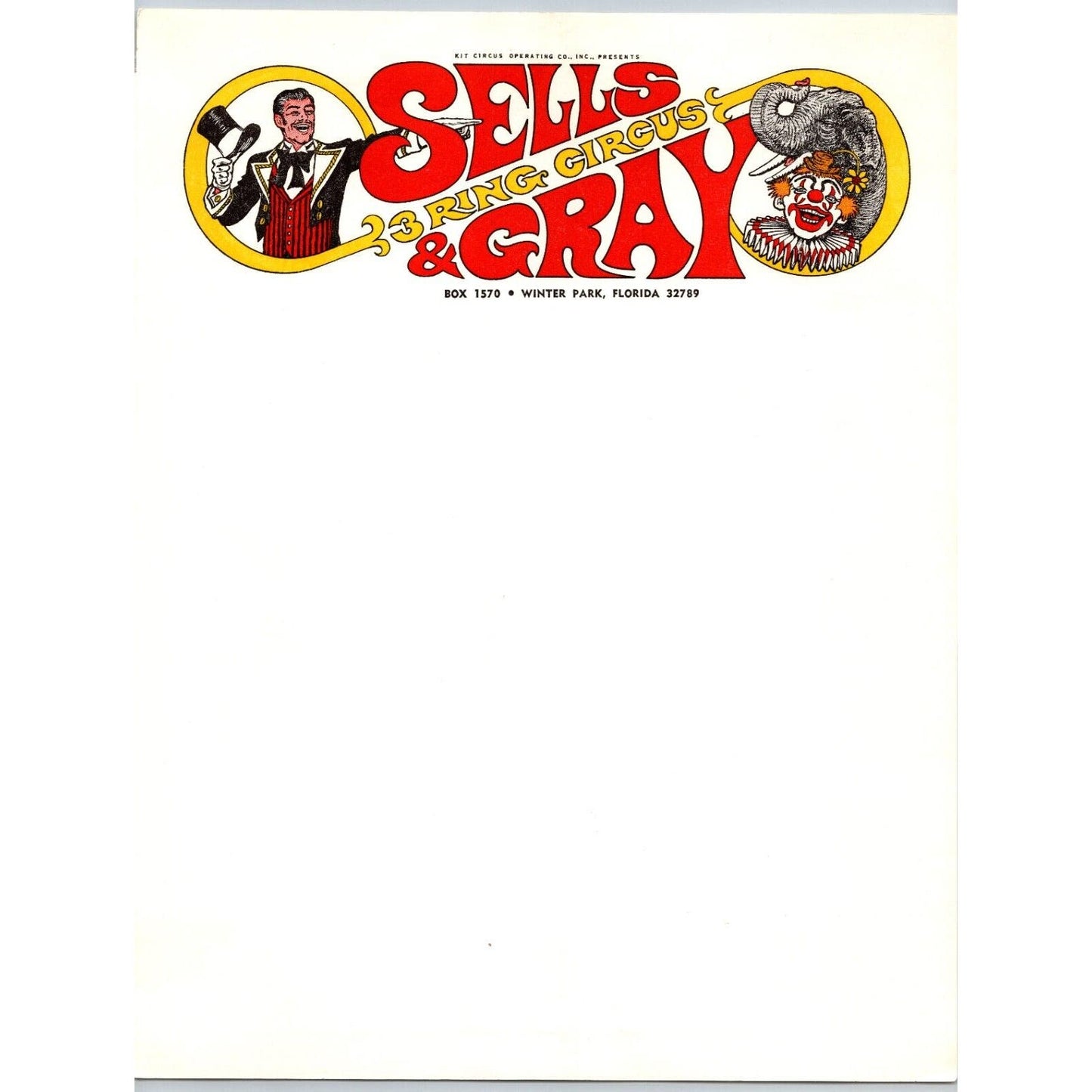 Sells 3 Ring Circus Letterhead 1973 Clown Elephants Ringmaster Scarce