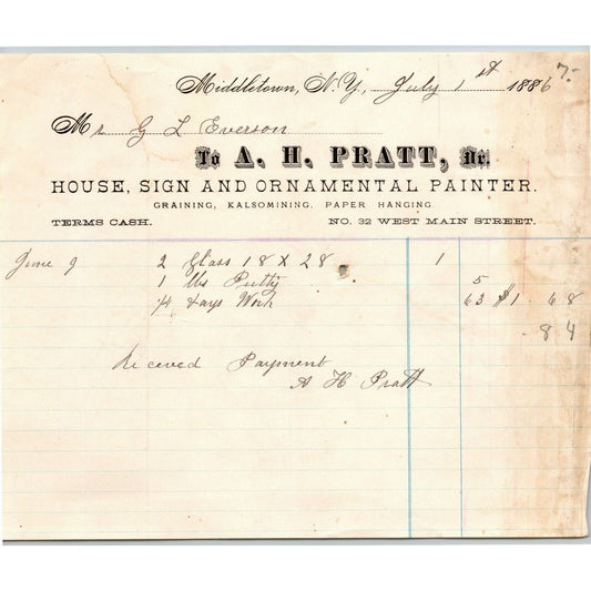 A.H. Pratt 1886 Letterhead Middletown, LI, NY House, Sign and Ornamental Painter