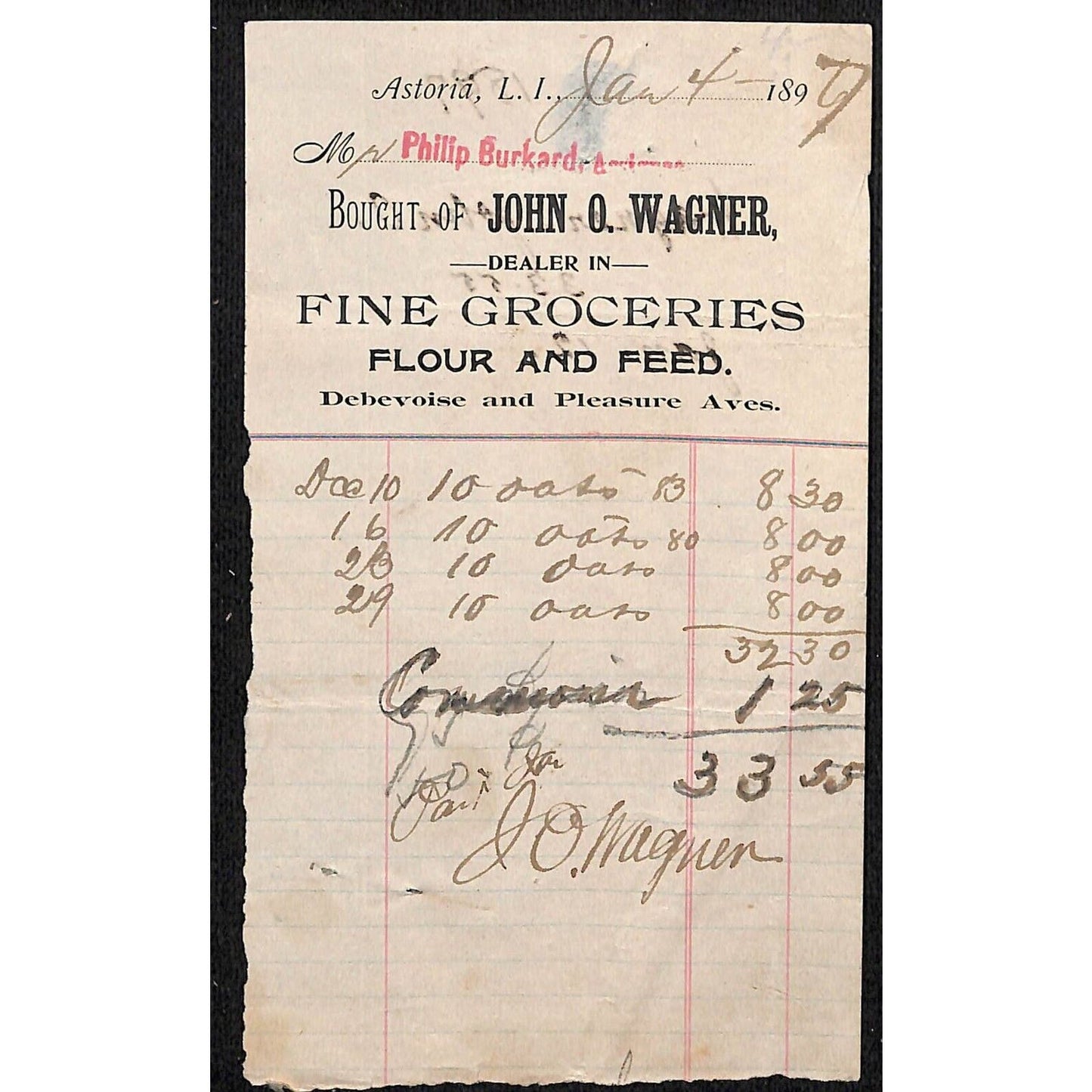 Astoria, L.I. NY John O. Wagner Groceries Flour Feed 1897 Billhead Debevoise Ave