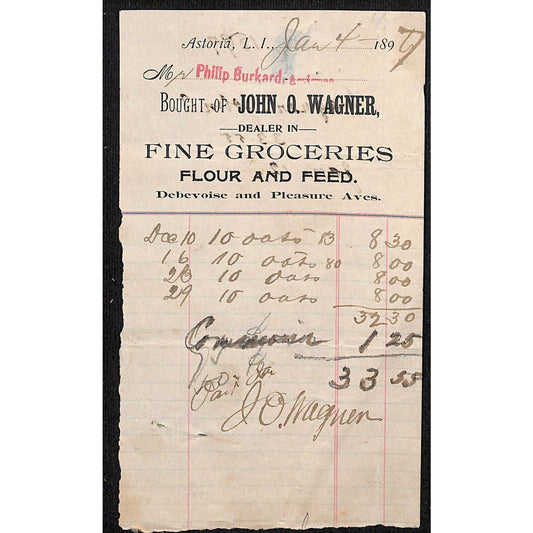 Astoria, L.I. NY John O. Wagner Groceries Flour Feed 1897 Billhead Debevoise Ave