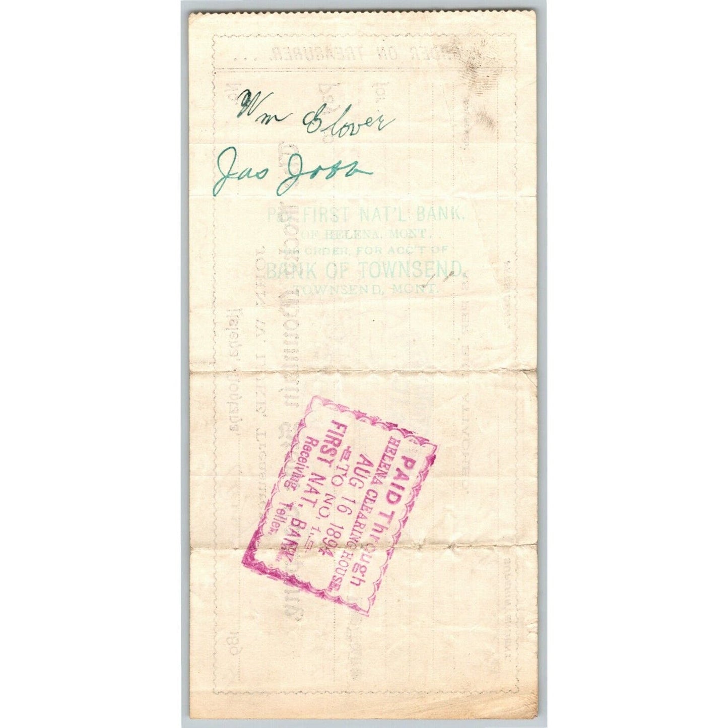 Helena Montana Rocky Mountain Stone Co. 1894 Company / Bank Check