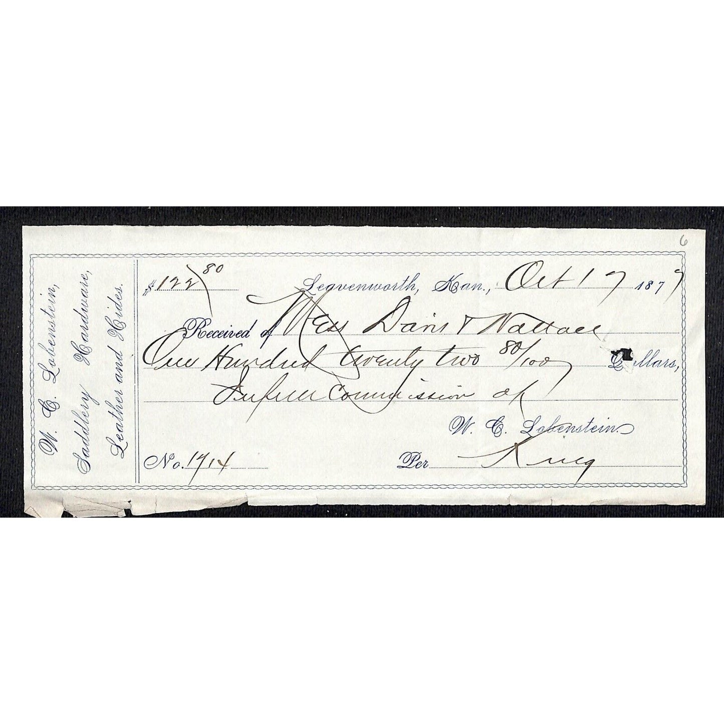 W. C. Lobenstein Saddlery Hardware Hides Leavenworth, KS Receipt Check 1877