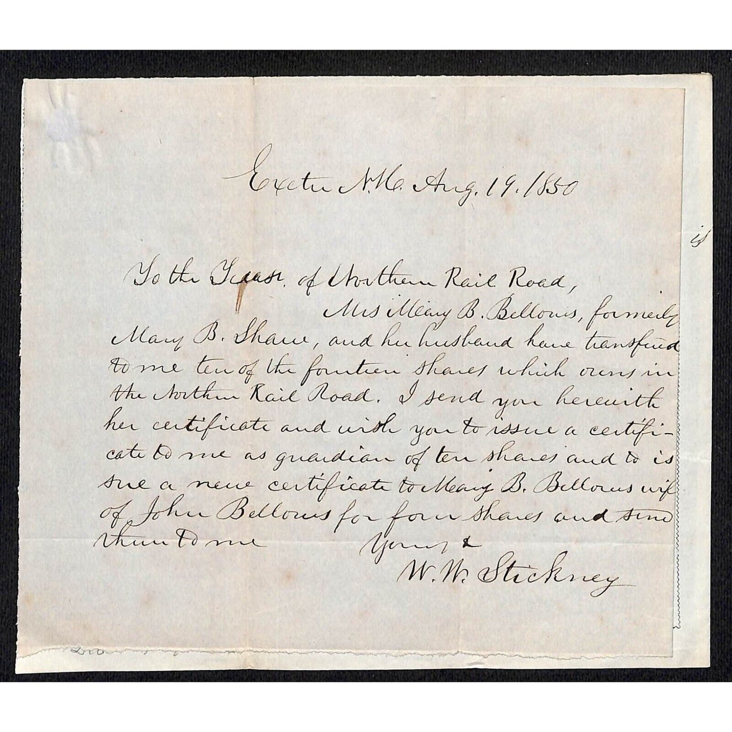 1847 Northern Railroad Stock Certificate w/ Affixed 1850 ALS Transfer Letter