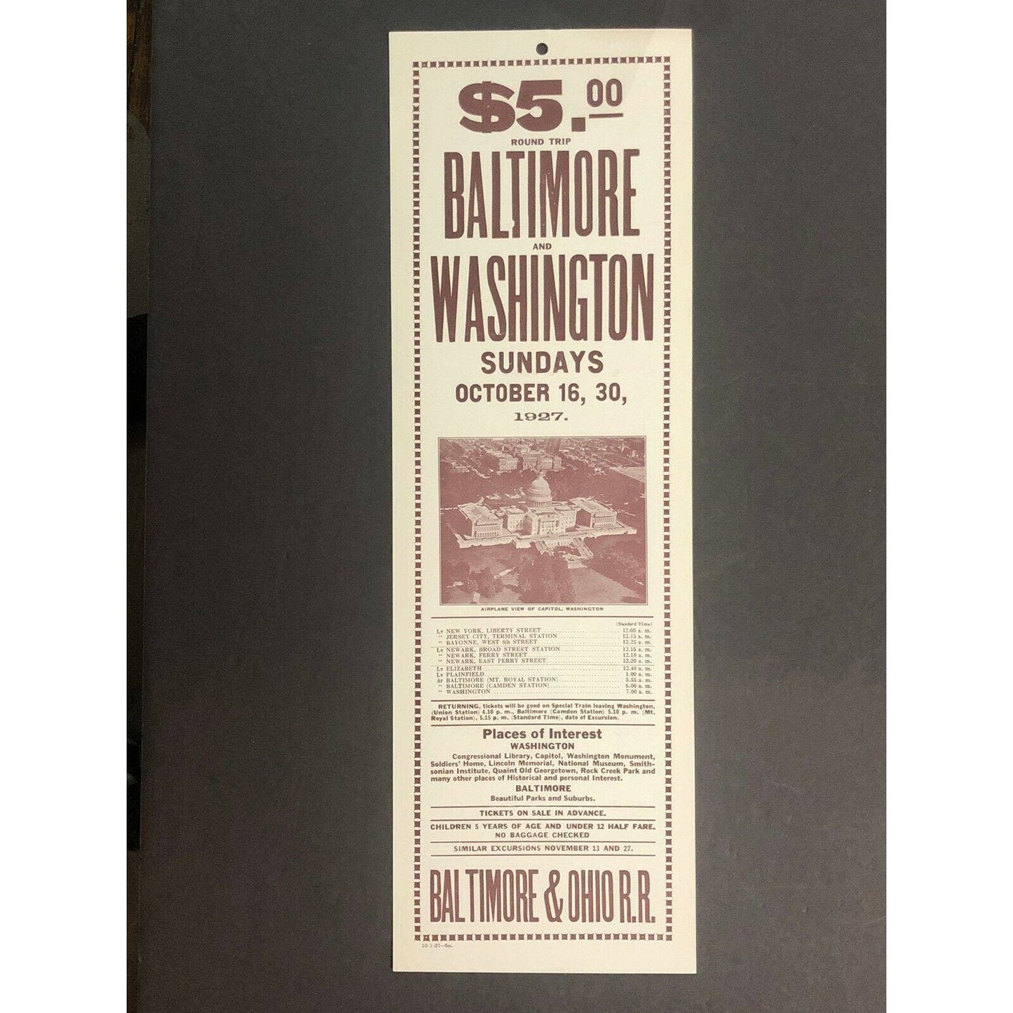 Vintage 1927 Baltimore & Ohio RR Broadside Baltimore and Washington Sundays Oct