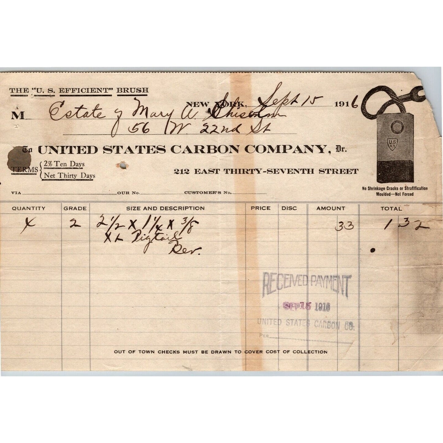 1916 "United States Carbon Co." Motor Brushes Billhead Letterhead 37th St., NYC