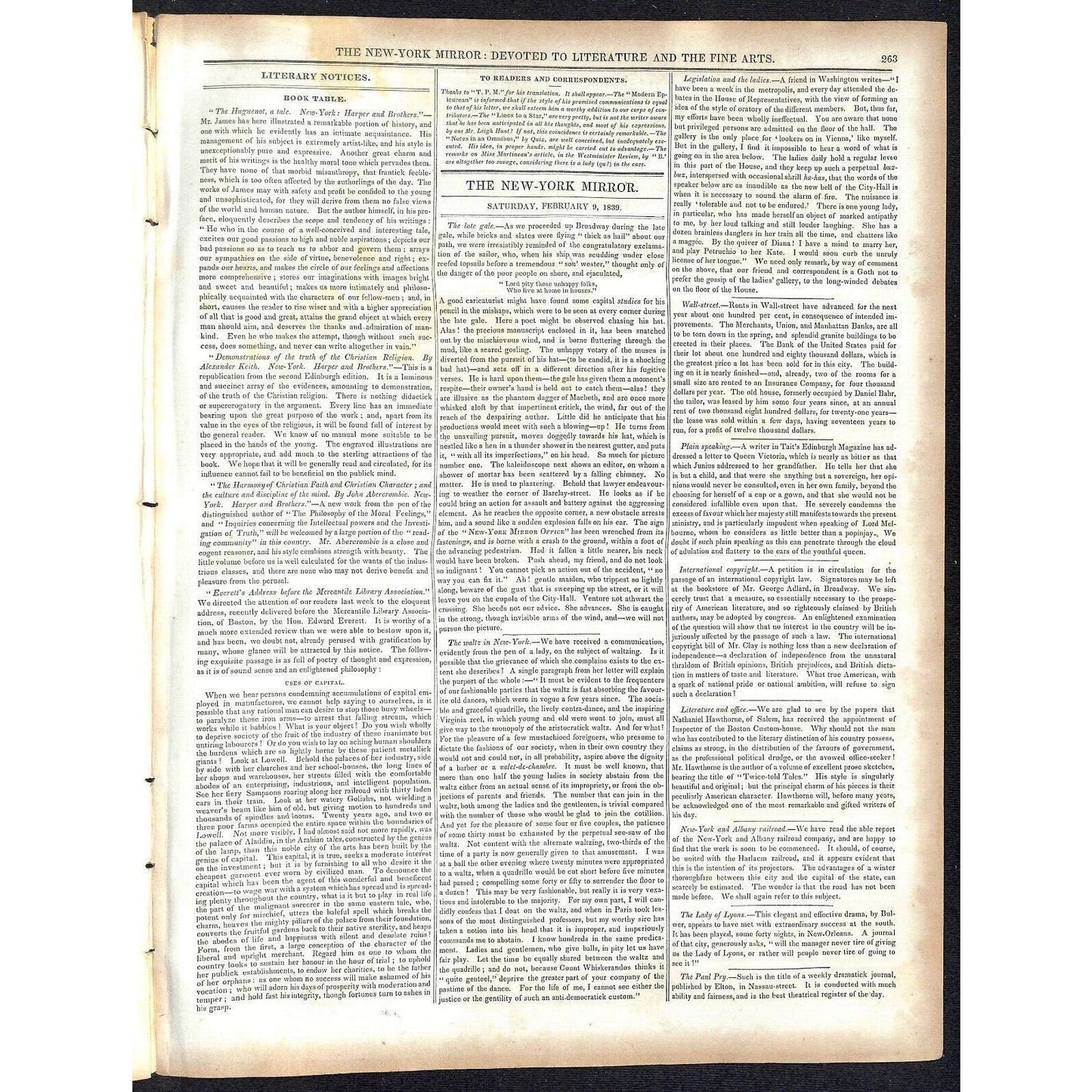 New-York Mirror Weekly Journal Literature Fine Arts Newspaper 2/9/1839