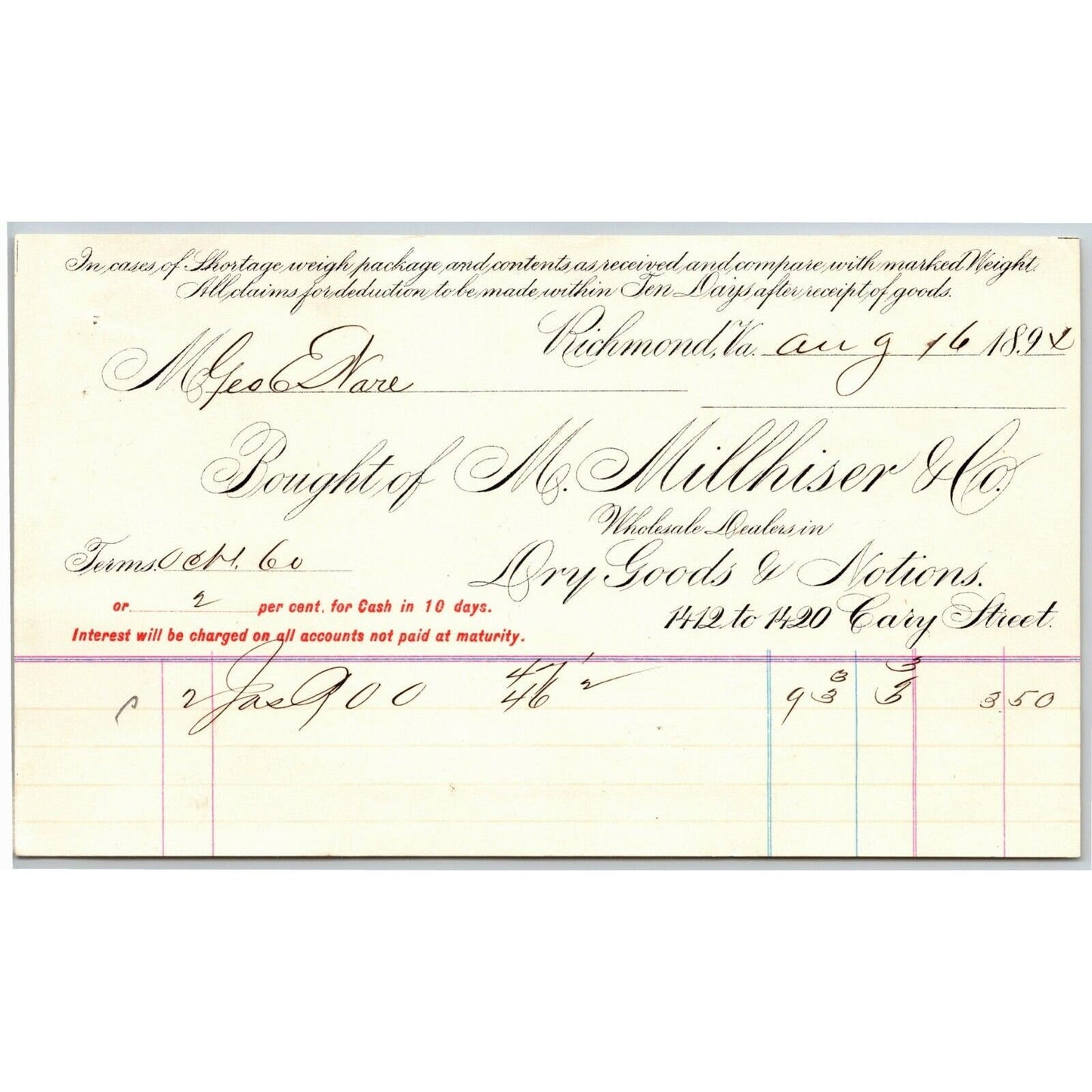 M. Millhiser & Co. Dry Goods Notions Richmond VA Letterhead to Geo. E. Wear 1898
