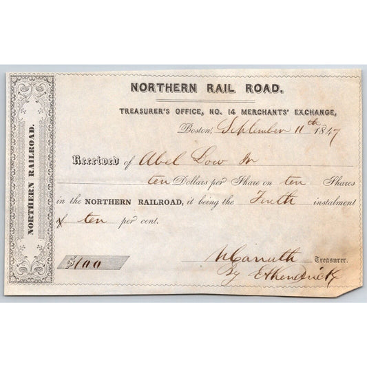 1847 Boston, MA - Northern Railroad Treasurer Stock Receipt 10 @$10ea "Abel Low"