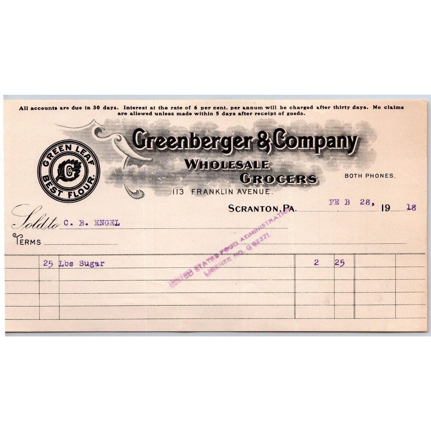Scranton, PA Greenberger & Co. Grocers 1918 "C.B. Engel" Billhead 25 Ibs. Sugar