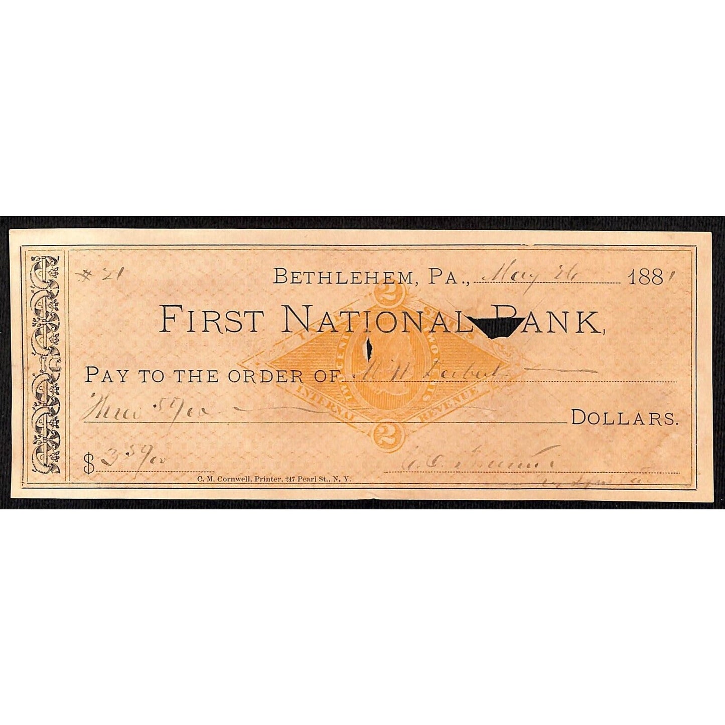 Bethlehem, PA 1881 First National Bank Check w/ Imp. Tax Stamp