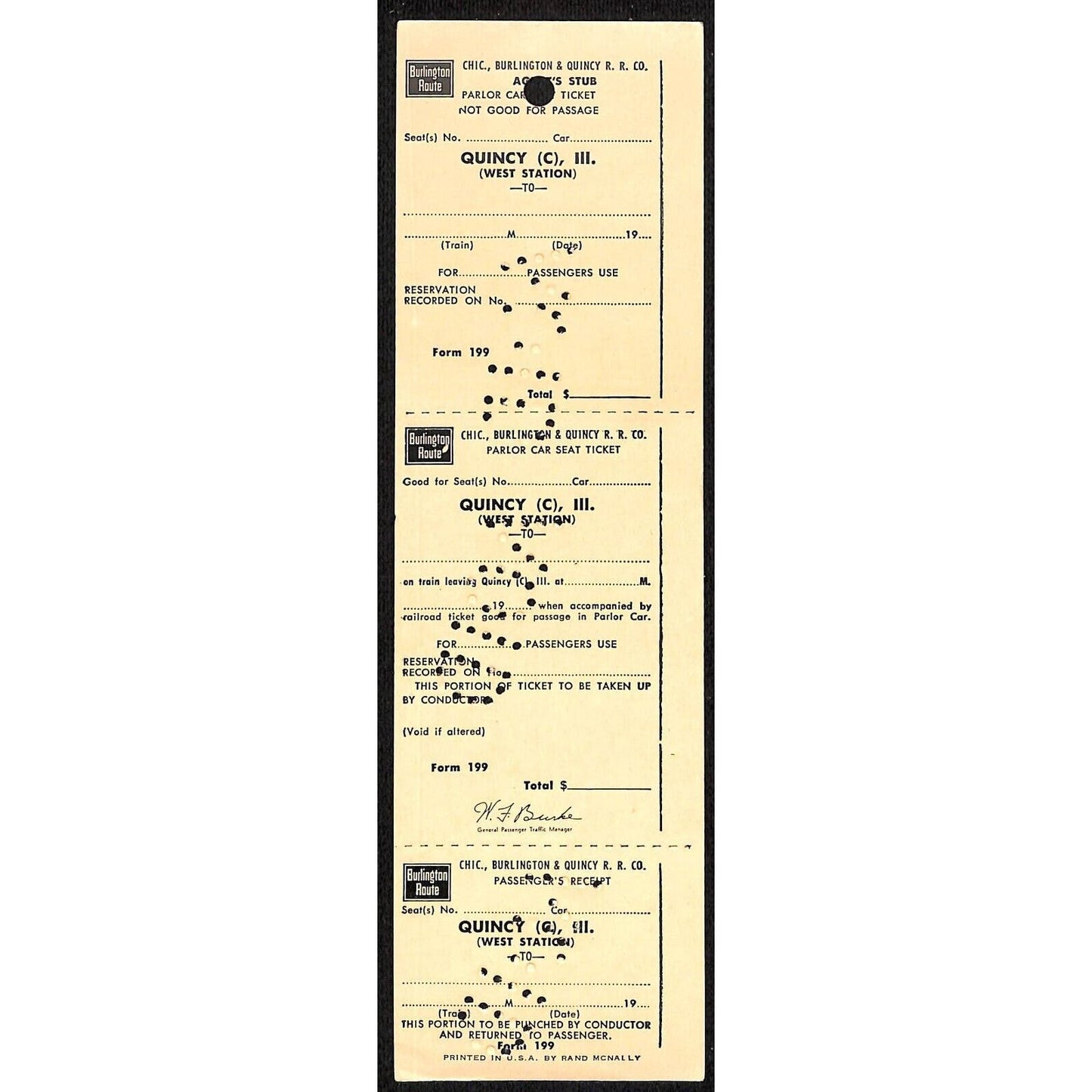 Burlington Route Quincy to Unused VOID SAMPLE UNNUMBERED Ticket 1965