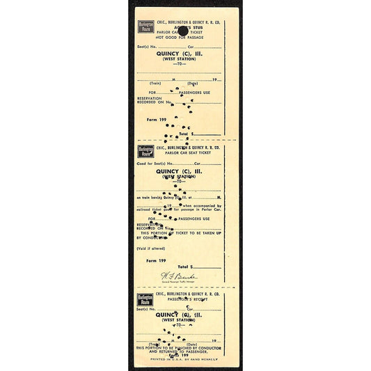 Burlington Route Quincy to Unused VOID SAMPLE UNNUMBERED Ticket 1965