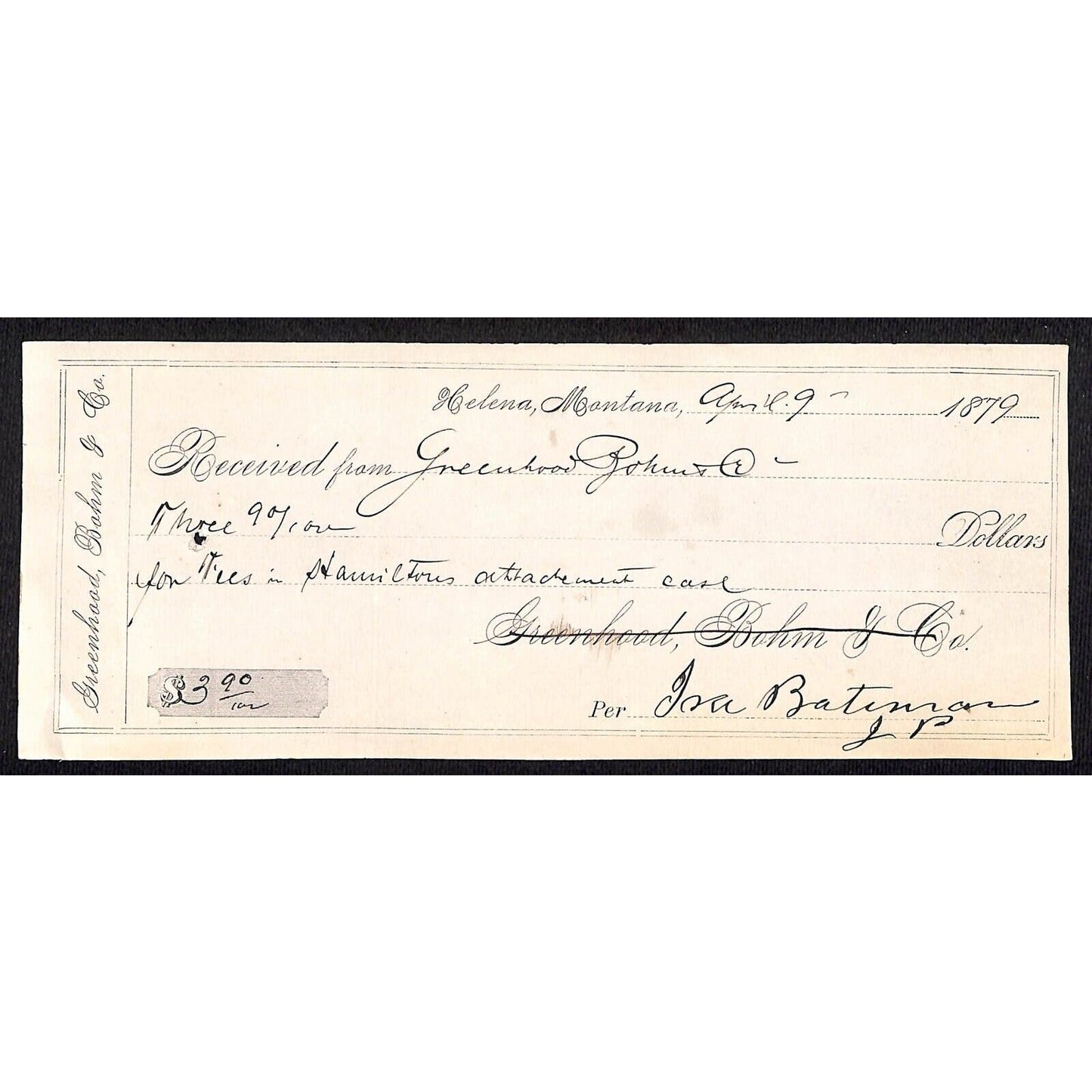 Helena Montana Greenhood Bohm & Co. (Clothiers) 1879 Payment Receipt