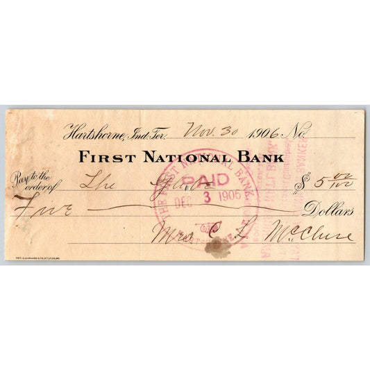 Hartshorne, OK Indian Territory 1906 $5 FNB Bank Check VGC Scarce