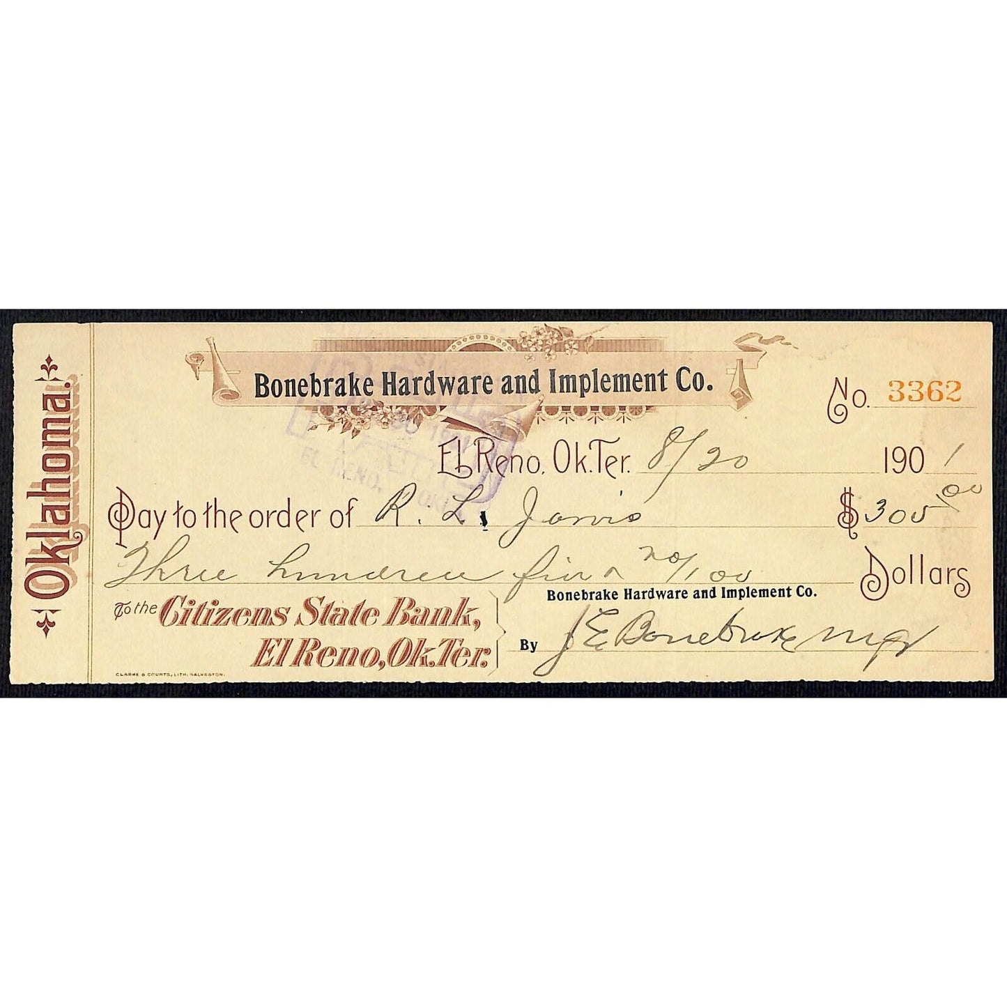 El Reno, OK 1901 Territorial "Bonebrake Hardware and Implements" Check Scarce