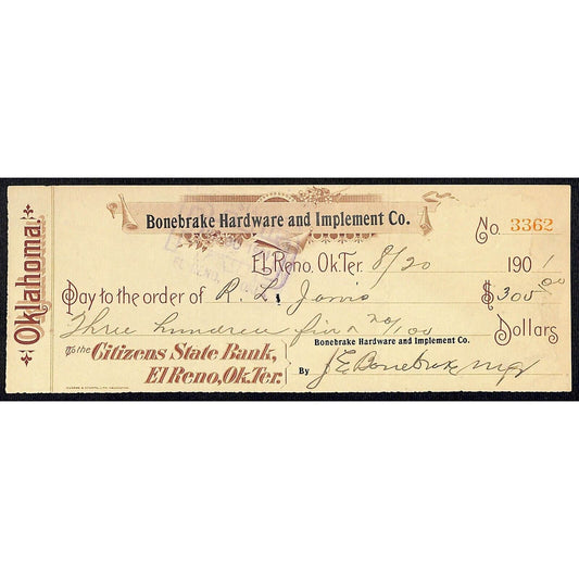 El Reno, OK 1901 Territorial "Bonebrake Hardware and Implements" Check Scarce