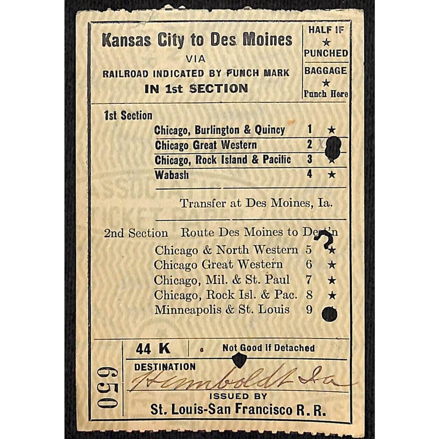 1922 St. Louis - San Francisco Railroad Ticket Kansas City / Des Moines #650