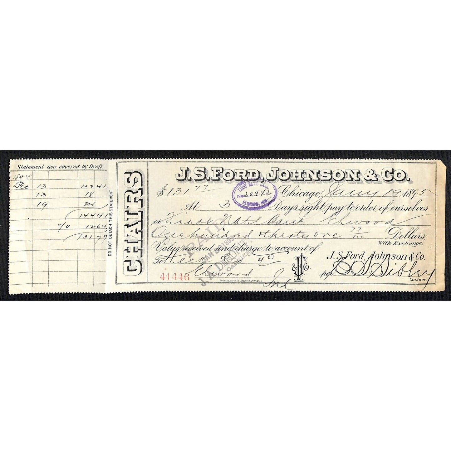 J.S. Ford Johnson & Co. Chairs Chicago $131.77 Bank Check 1895
